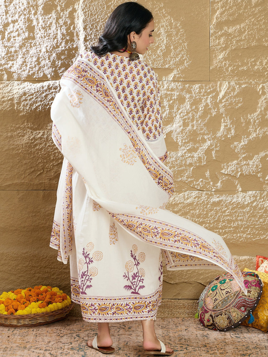 Indo Era White Printed A-Line Kurta Trousers With Dupatta Set