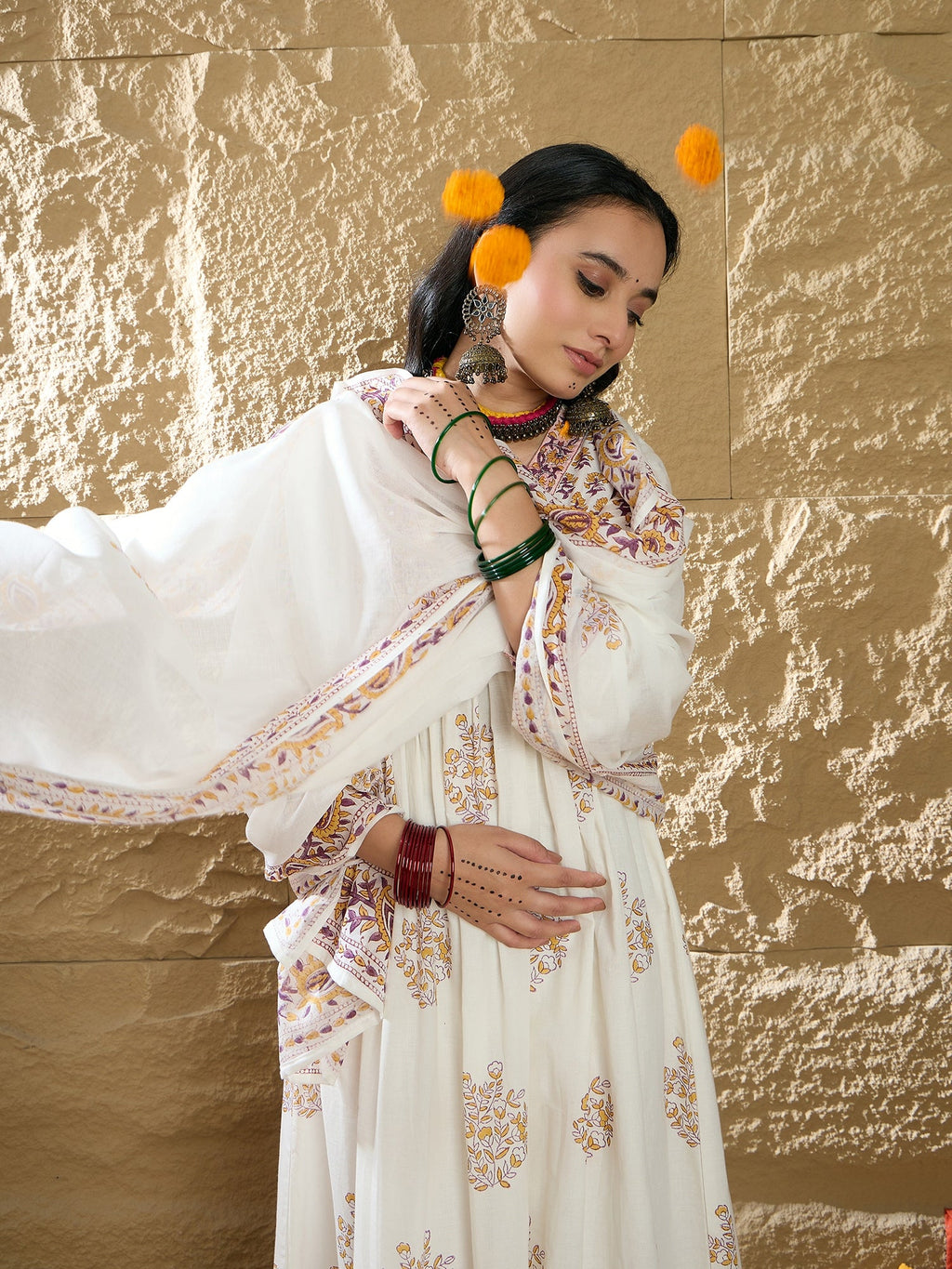 Indo Era White Printed A-Line Kurta Trousers With Dupatta Set