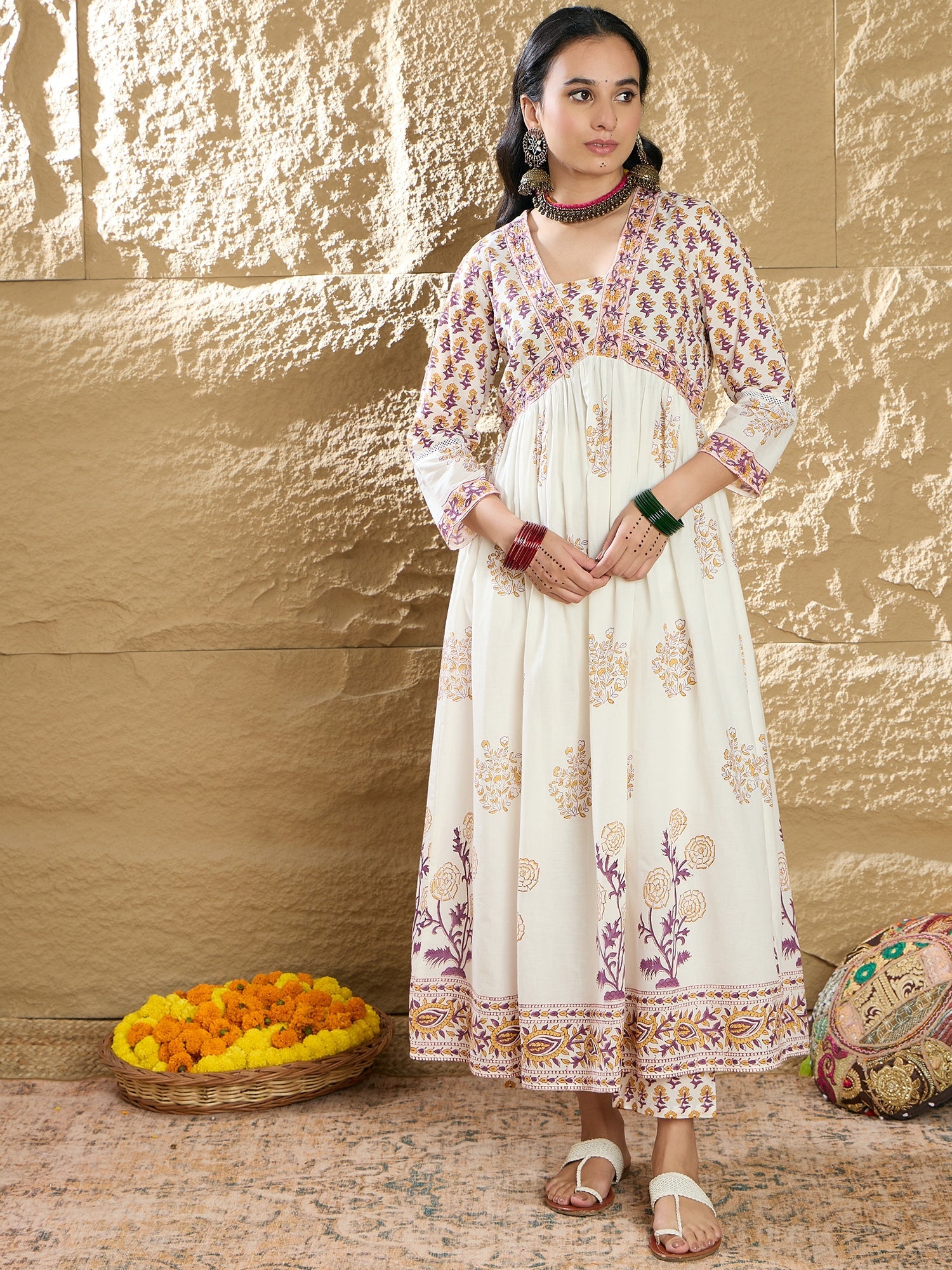Indo Era White Printed A-Line Kurta Trousers With Dupatta Set
