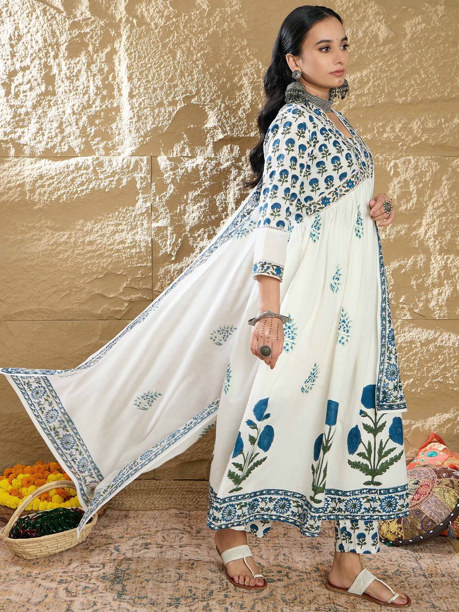 Indo Era White Printed A-Line Kurta Trousers With Dupatta Set