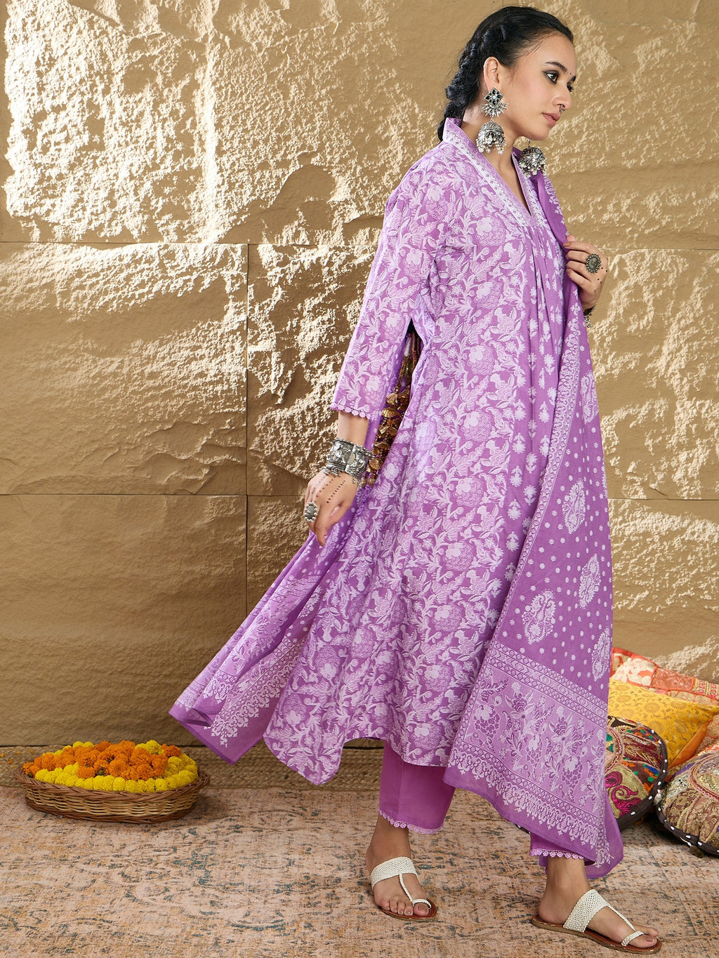 Indo Era Lavender Printed A-Line Kurta Trousers With Dupatta set