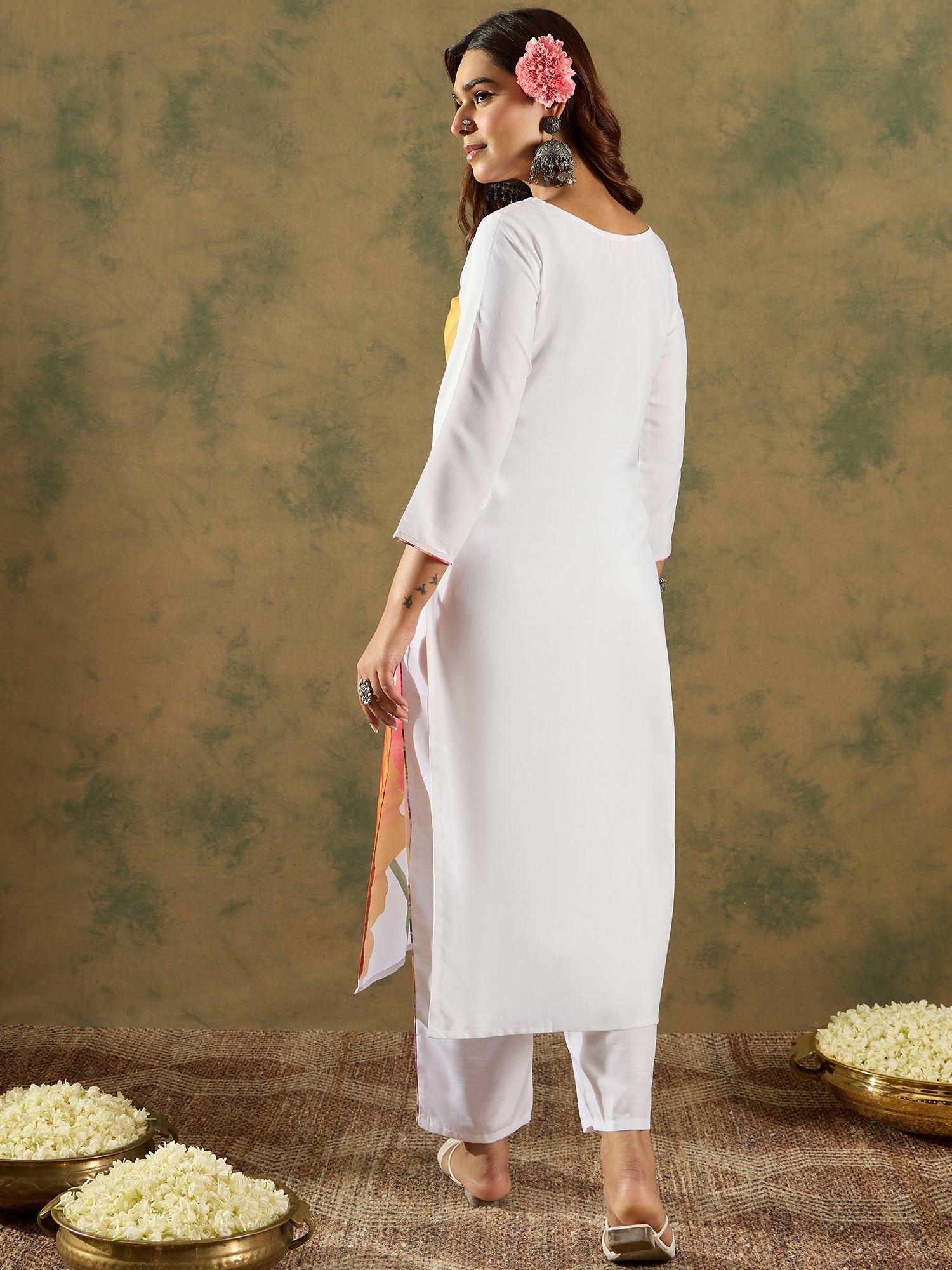 Indo Era White Printed Straight Kurta Trousers Set