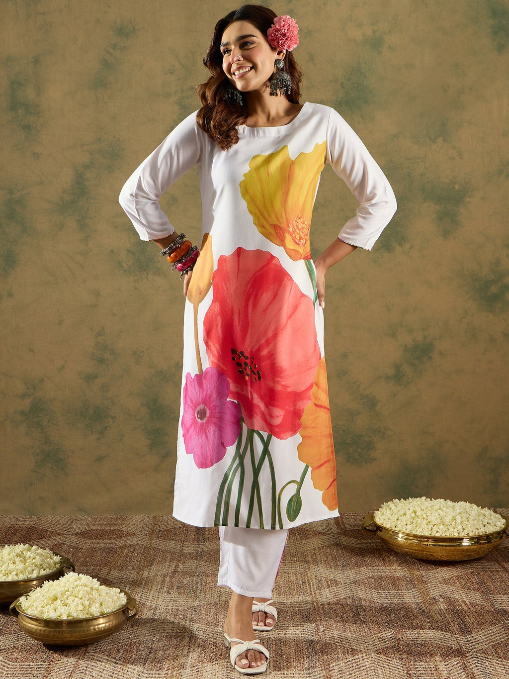 Indo Era White Printed Straight Kurta Trousers Set