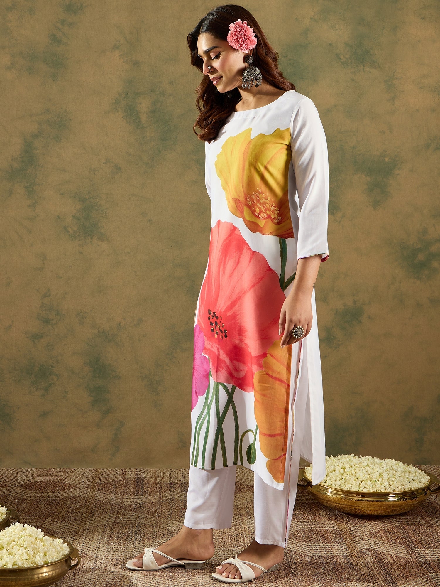 Indo Era White Printed Straight Kurta Trousers Set
