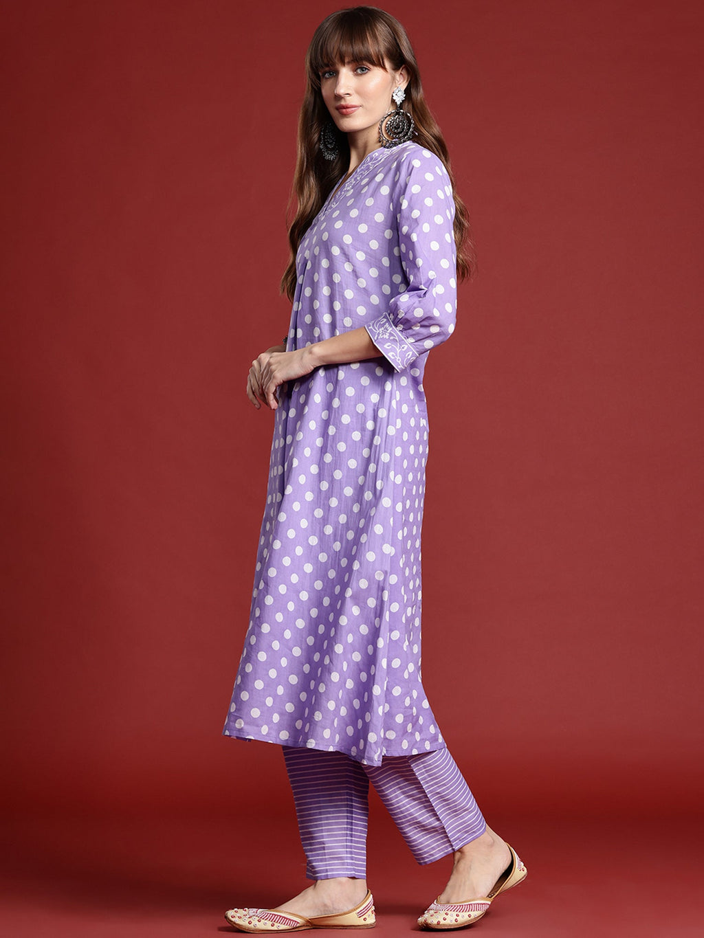 Indo Era Lavender Printed A-Line Kurta Trousers set
