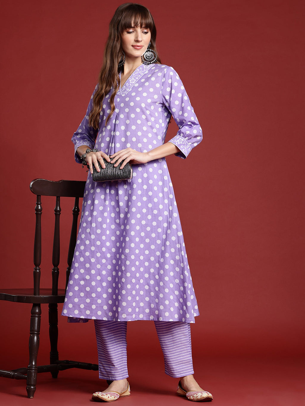 Indo Era Lavender Printed A-Line Kurta Trousers set