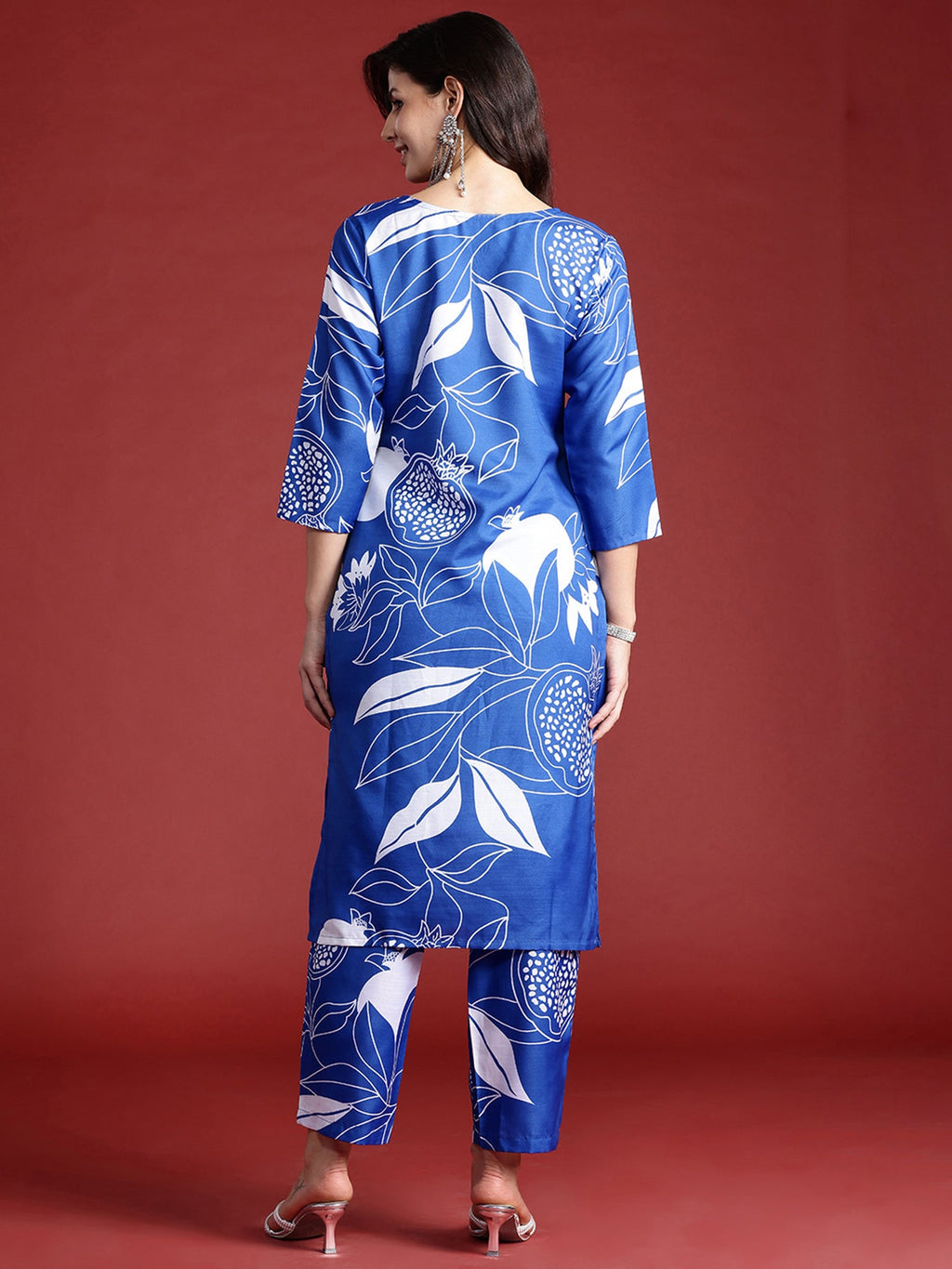 Indo Era Blue Printed Straight Kurta Trousers Set