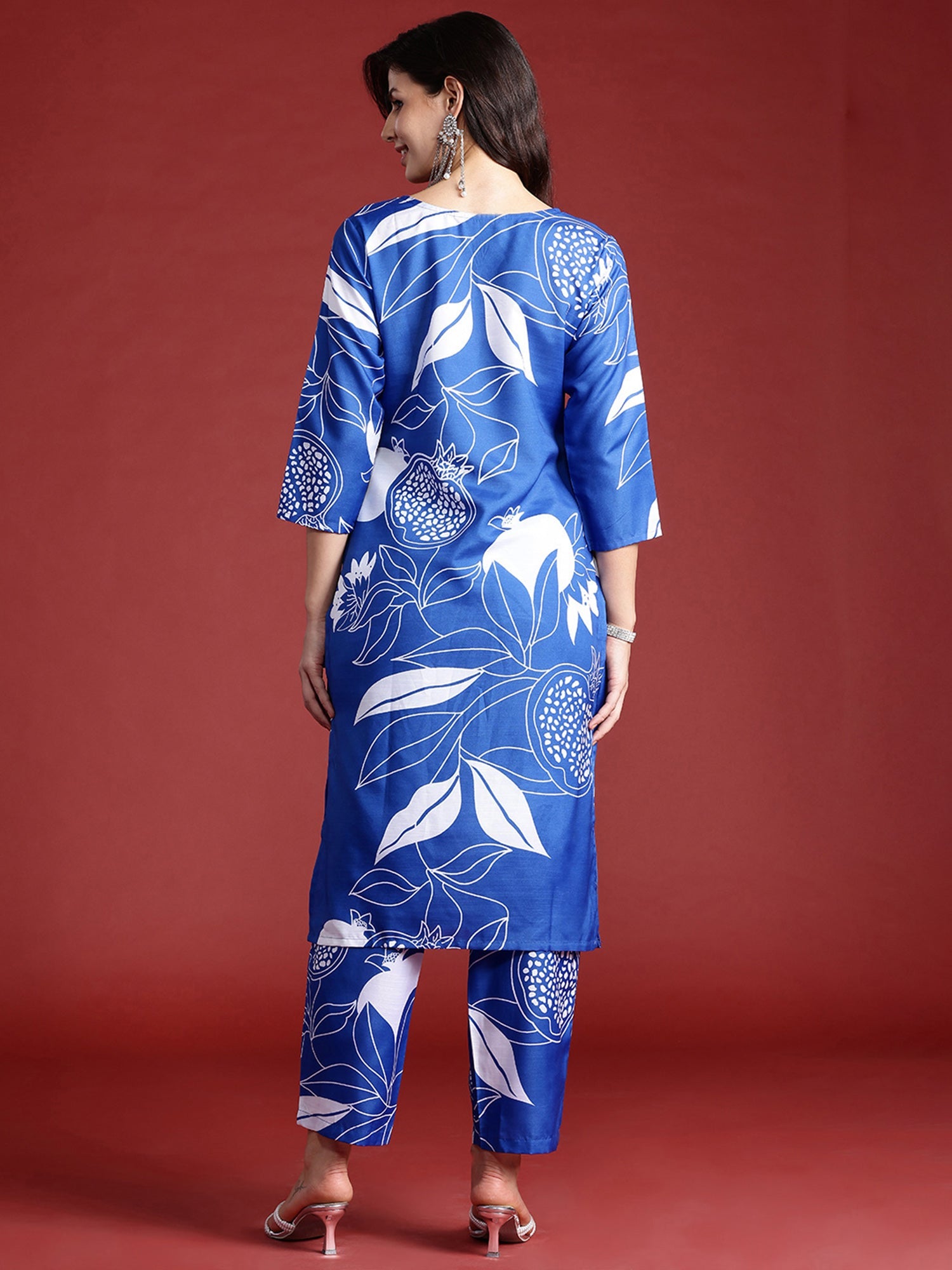 Indo Era Blue Printed Straight Kurta Trousers Set