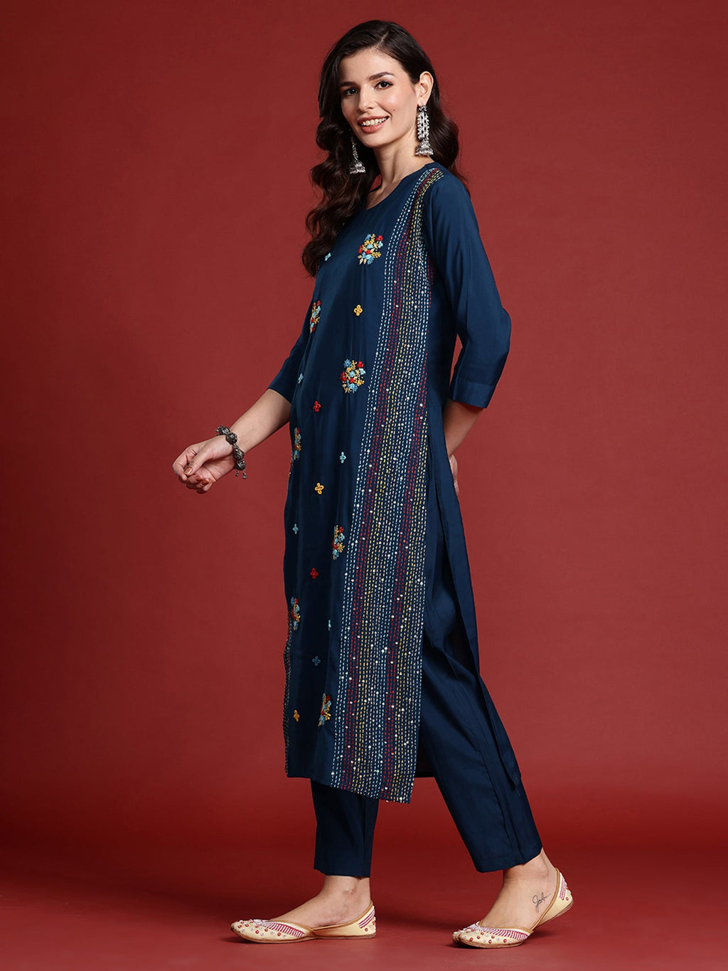 Indo Era Blue Embroidered Straight Kurta Trousers set