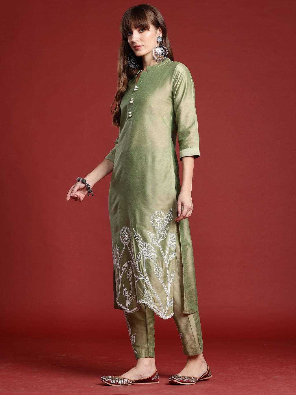 Indo Era Green Embroidered Straight Kurta Trousers set