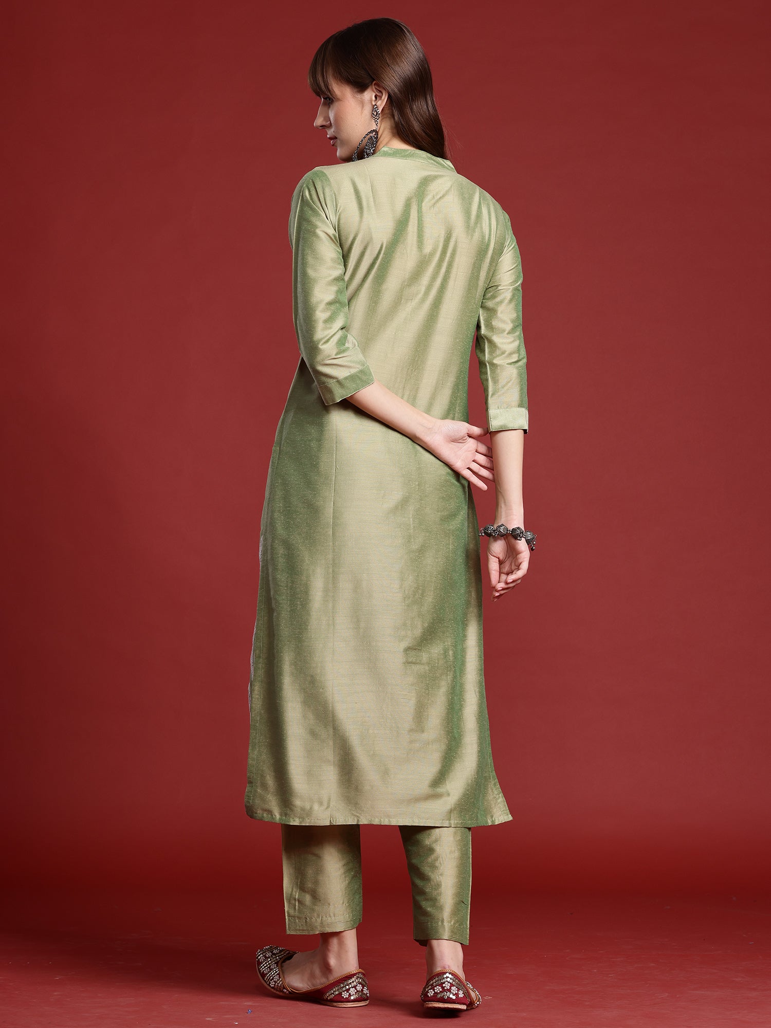 Indo Era Green Embroidered Straight Kurta Trousers set