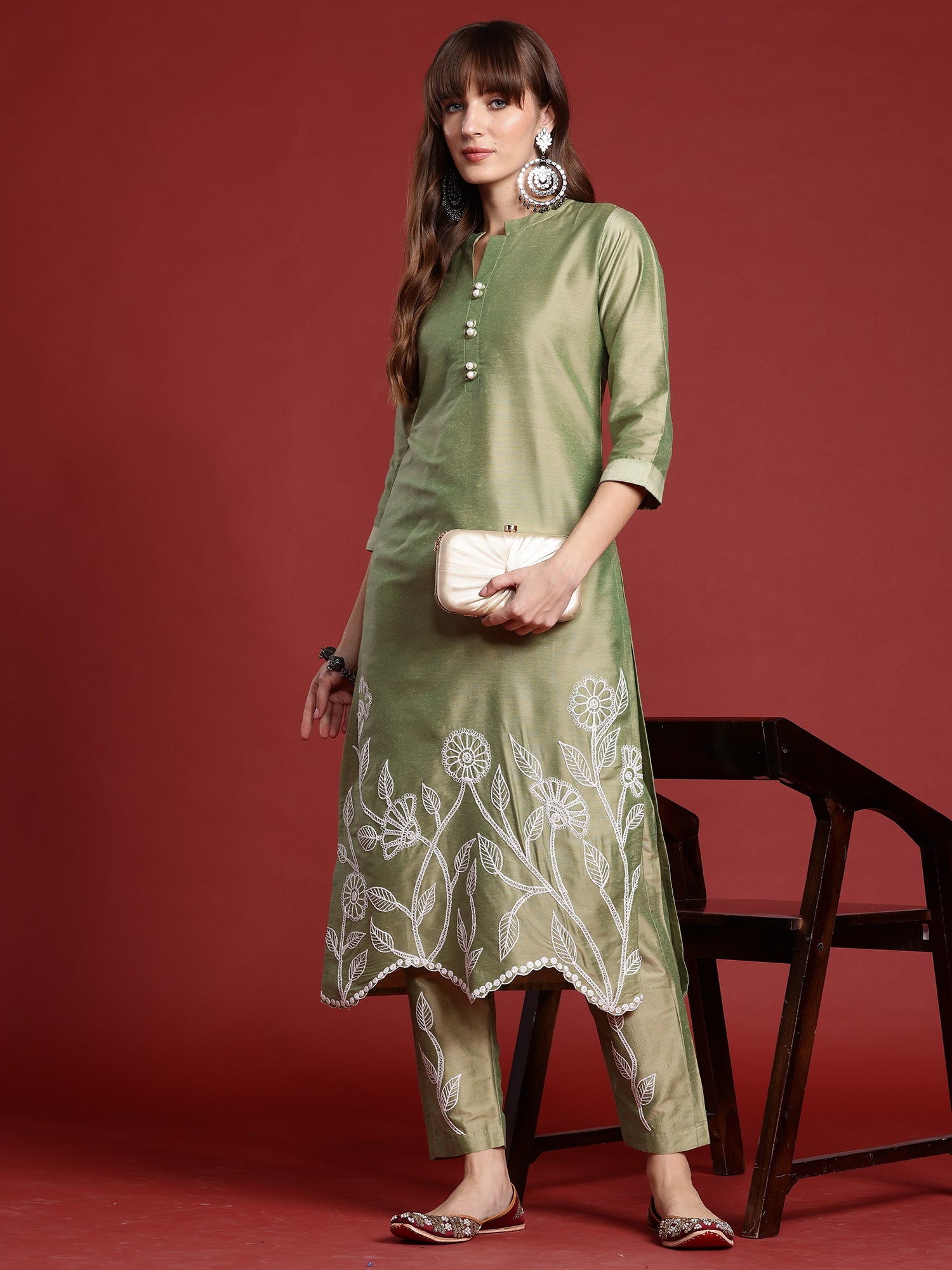 Indo Era Green Embroidered Straight Kurta Trousers set