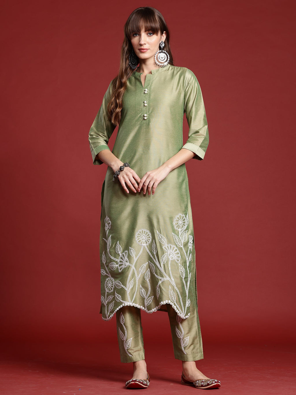 Indo Era Green Embroidered Straight Kurta Trousers set