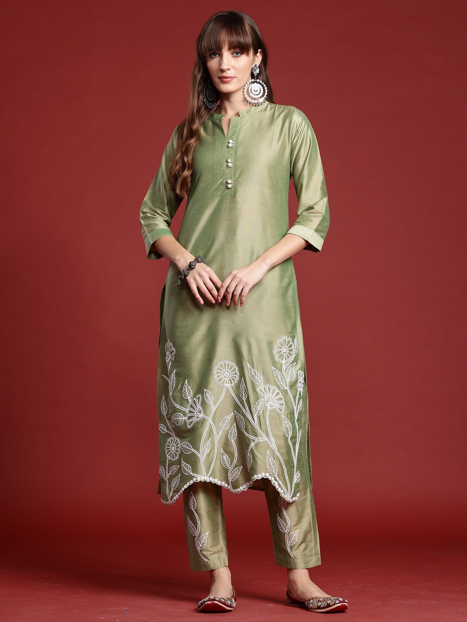 Indo Era Green Embroidered Straight Kurta Trousers set