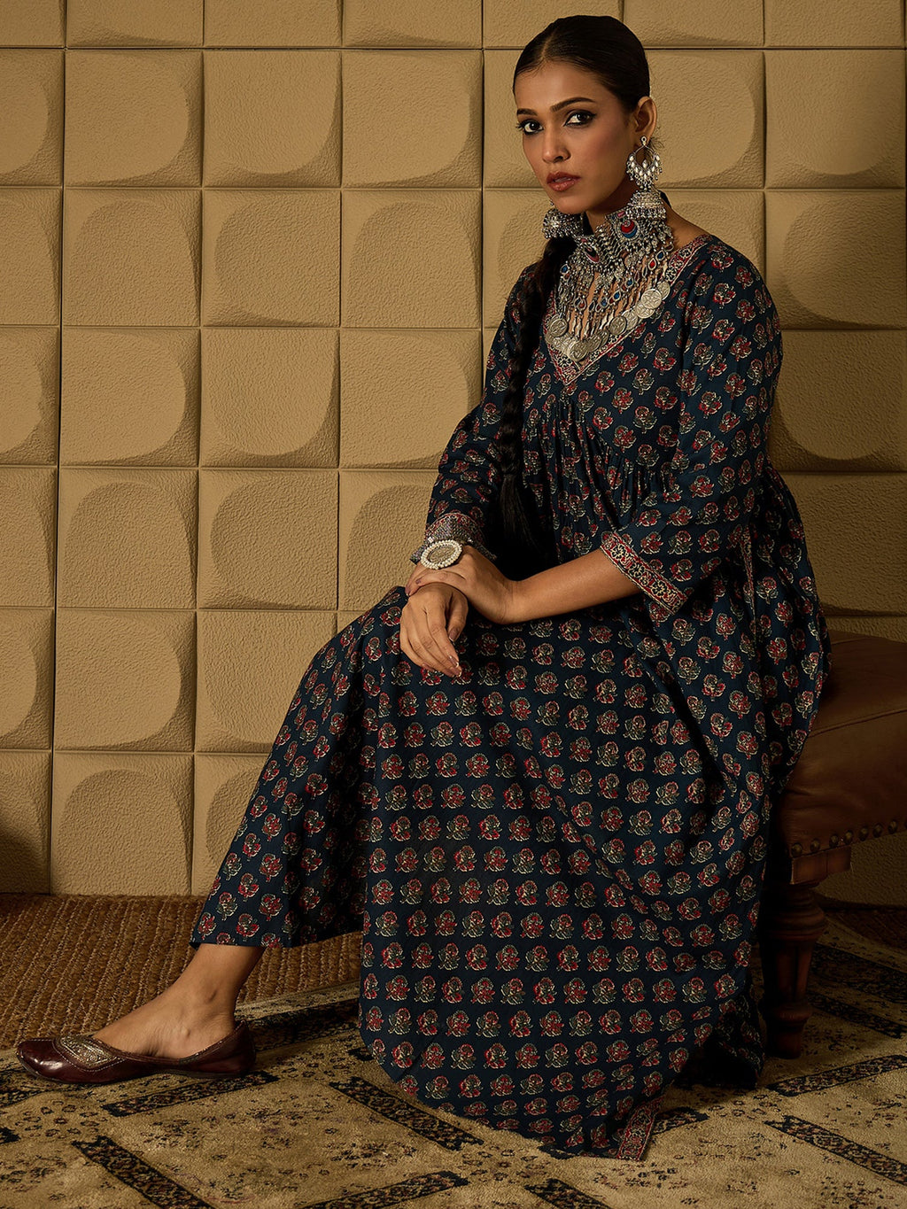 Indo Era Teal Printed A-Line Kurta Trousers set
