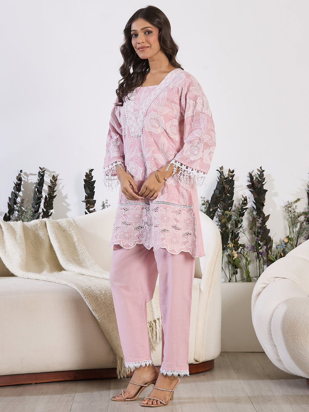 Indo Era Pink Embroidered A-Line Kurta Trousers set