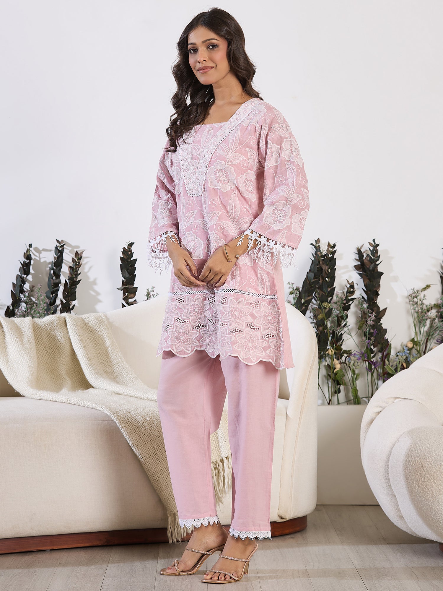 Indo Era Pink Embroidered A-Line Kurta Trousers set