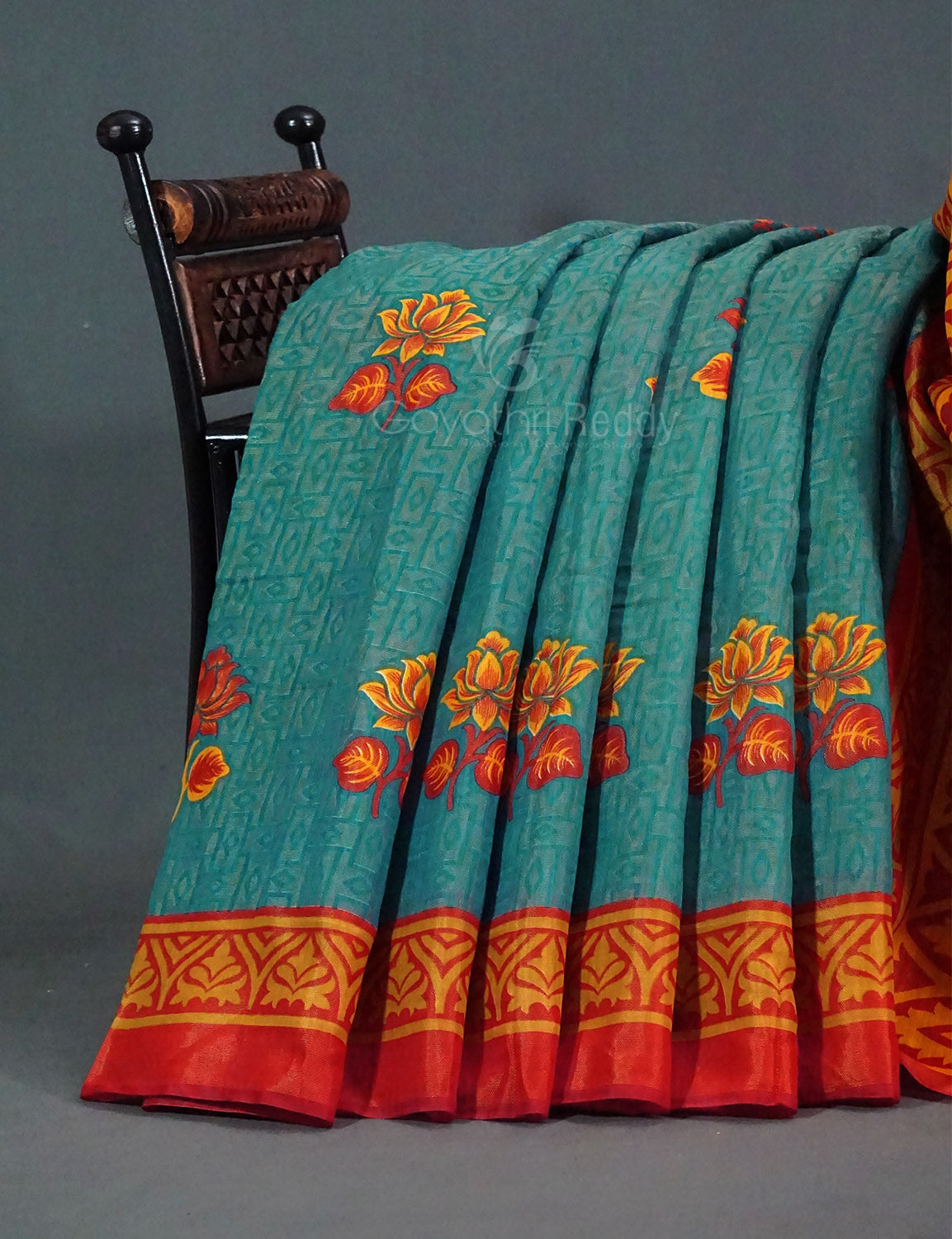 Sea Blue Colour With Tomato Red Blouse Cotton Brasso Saree By Gayathri Reddy Designer Studio