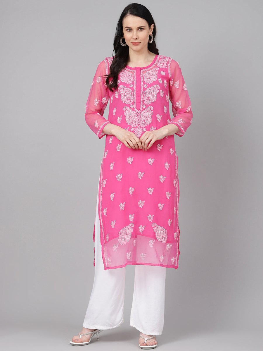 ADA Women Pink & White Sheer Chikankari Embroidered Straight Handloom Kurta with Inner