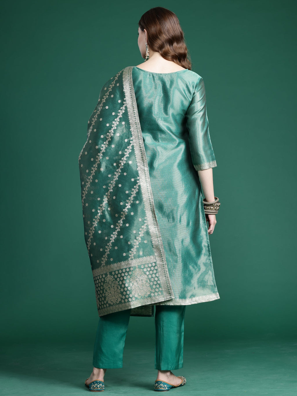 Indo Era Green Straight Kurta Trousers With Dupatta Set