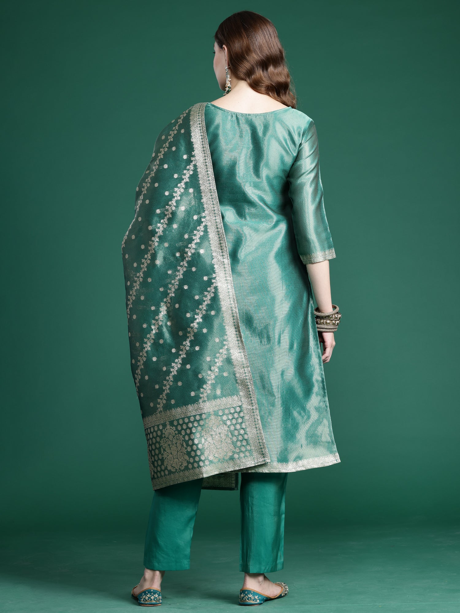 Indo Era Green Straight Kurta Trousers With Dupatta Set