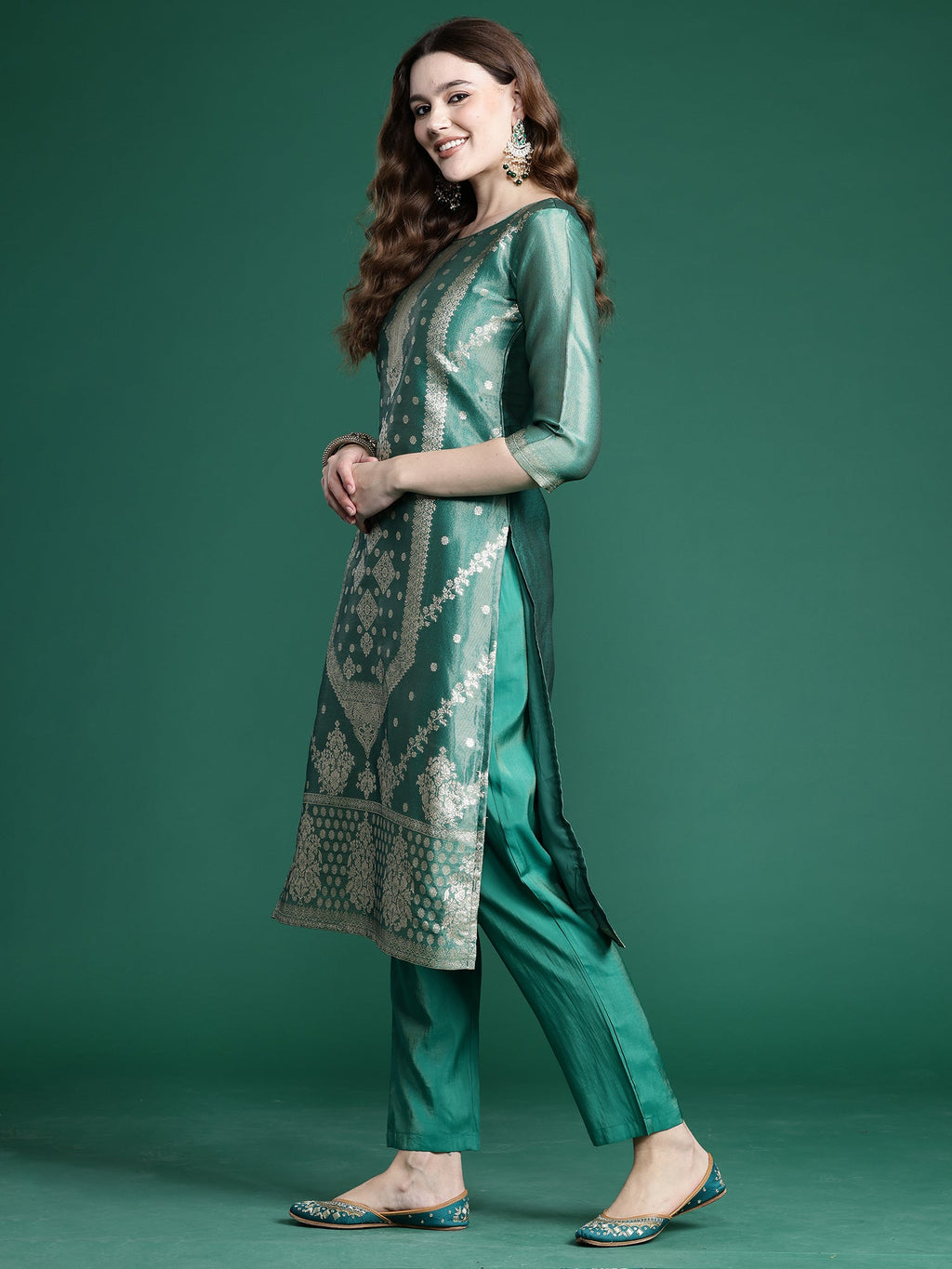 Indo Era Green Straight Kurta Trousers With Dupatta Set