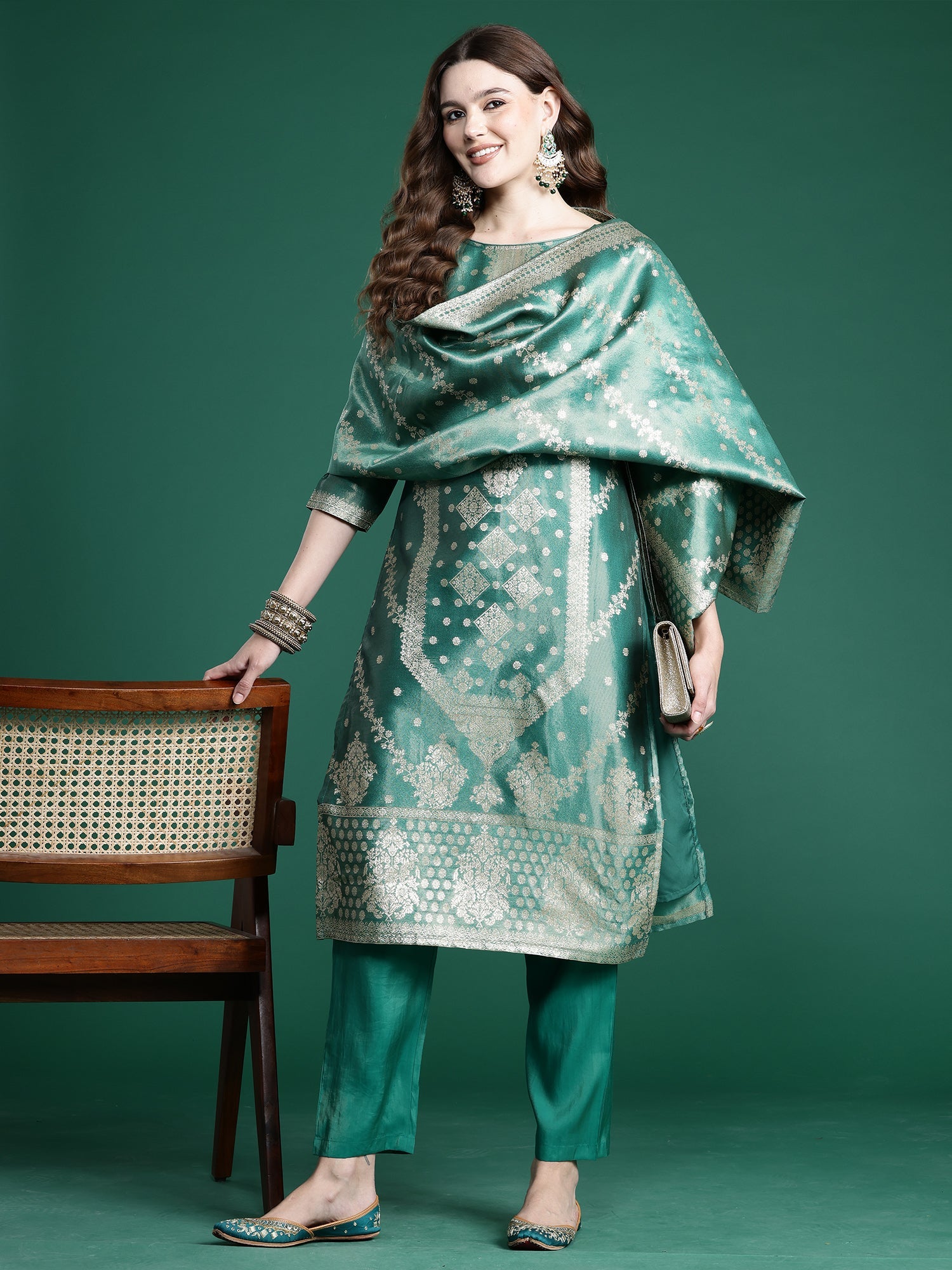 Indo Era Green Straight Kurta Trousers With Dupatta Set