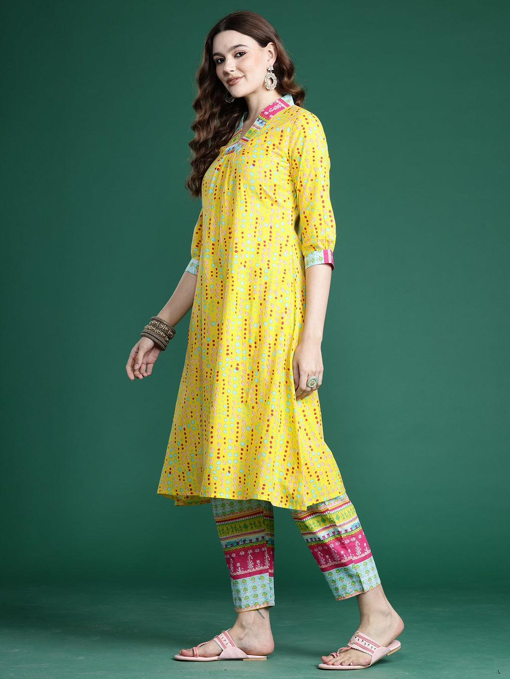 Indo Era Yellow Printed A-Line Kurta Trousers set