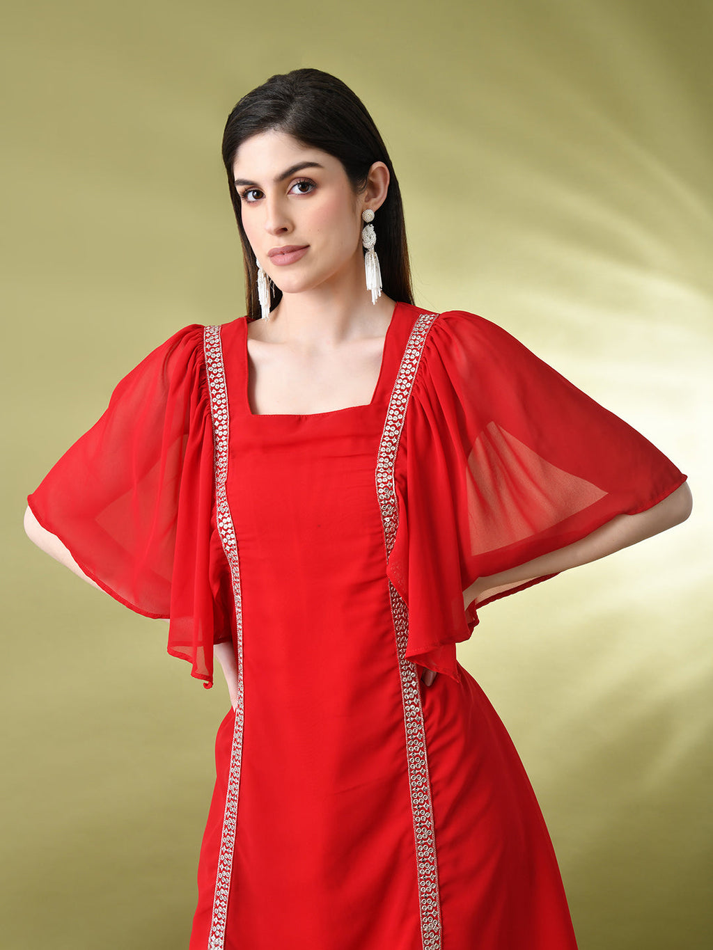 Myshka Women's Red Solid Georgette Dress