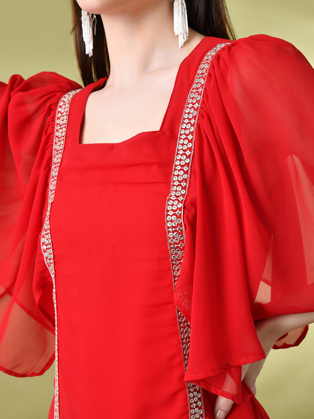 Myshka Women's Red Solid Georgette Dress
