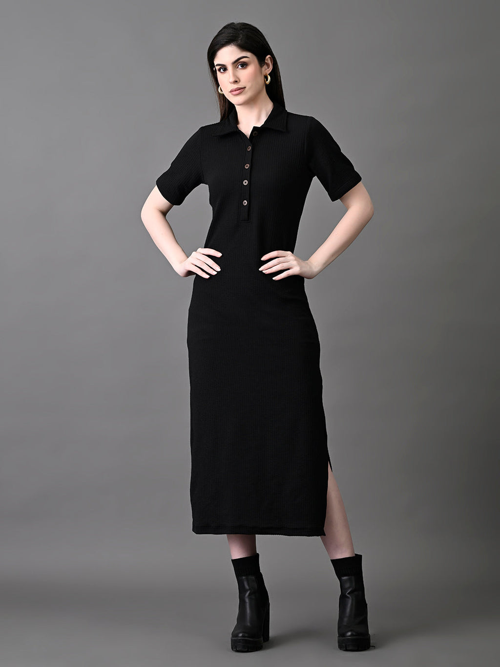 Myshka Women's Elegant Black Midi Dress With Collared Neckline