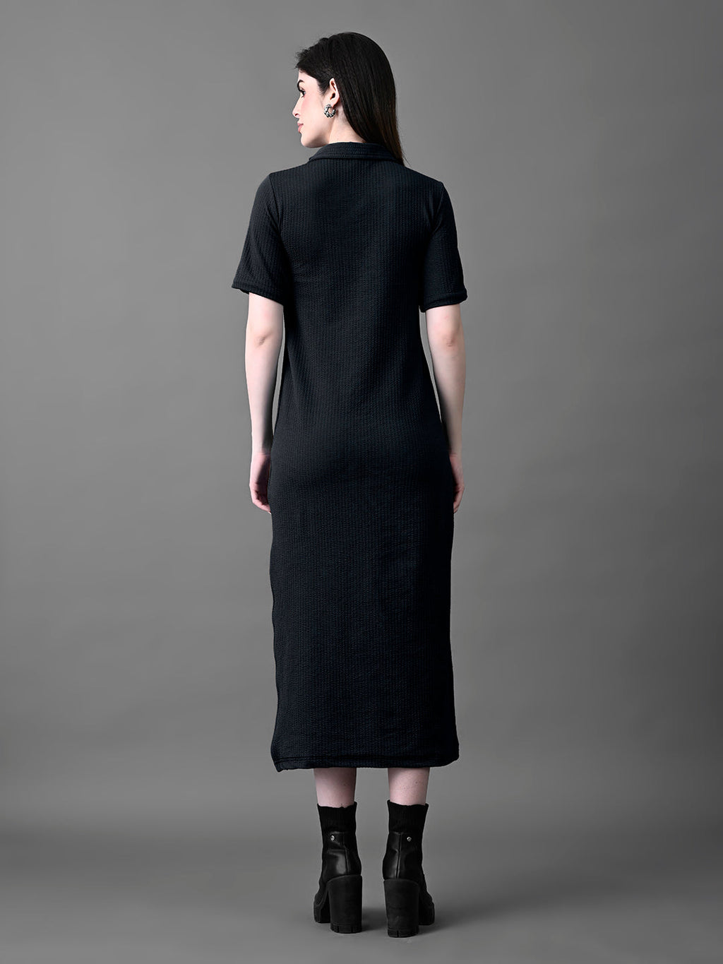 Myshka Women's Elegant Black Midi Dress With Collared Neckline