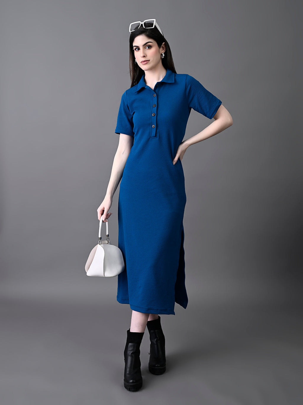 Myshka Women's Elegant Blue Midi Dress With Collared Neckline