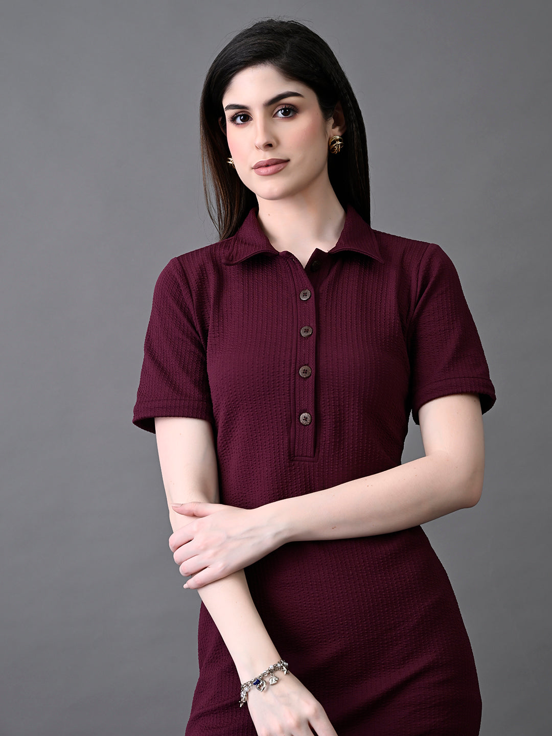 Myshka Women's Elegant Magenta Midi Dress With Collared Neckline