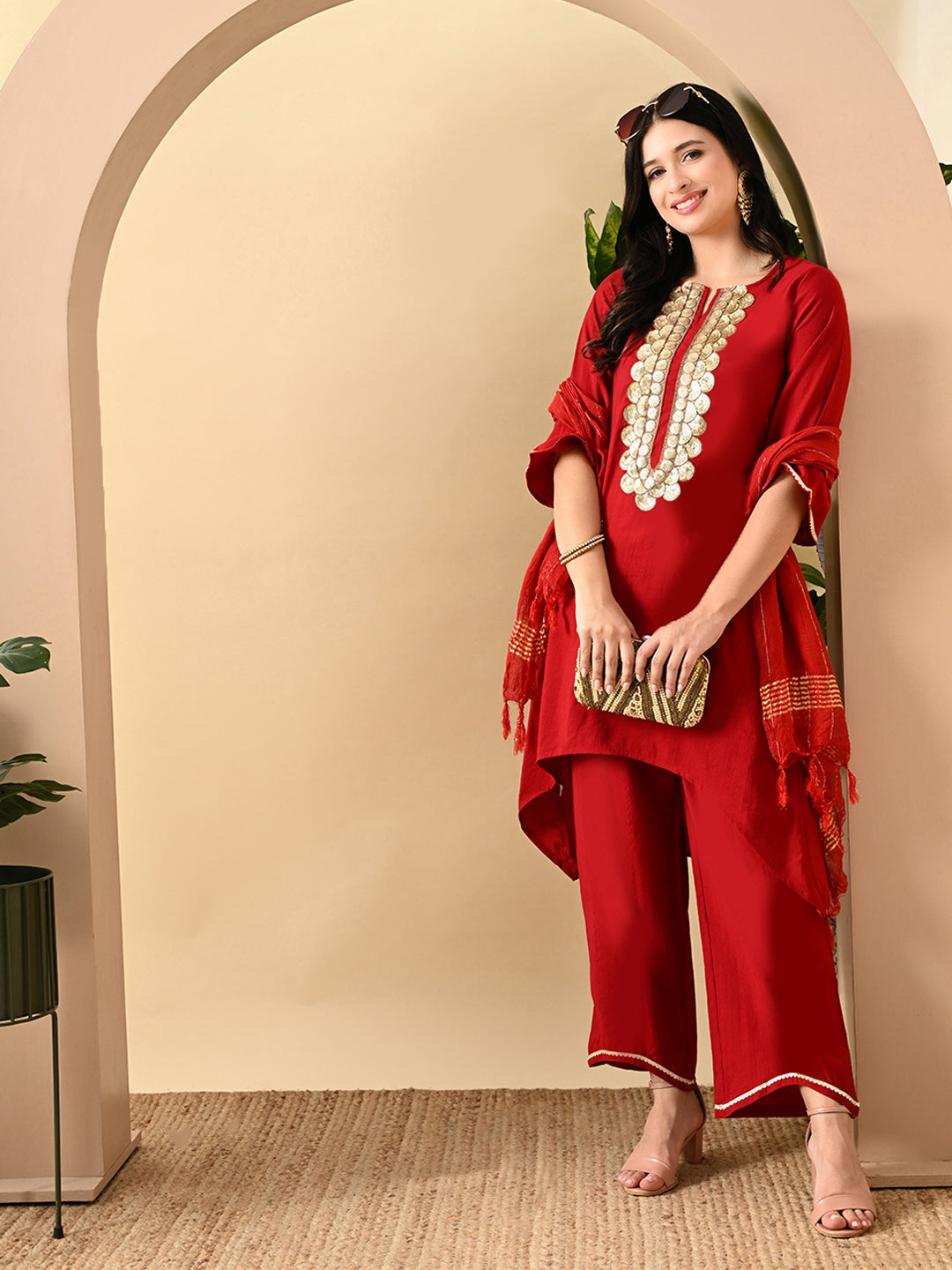 Myshka Women's Embroidered Keyhole Neck Bell Sleeves Kurta & Palazzos Set With Dupattas In Red Colour