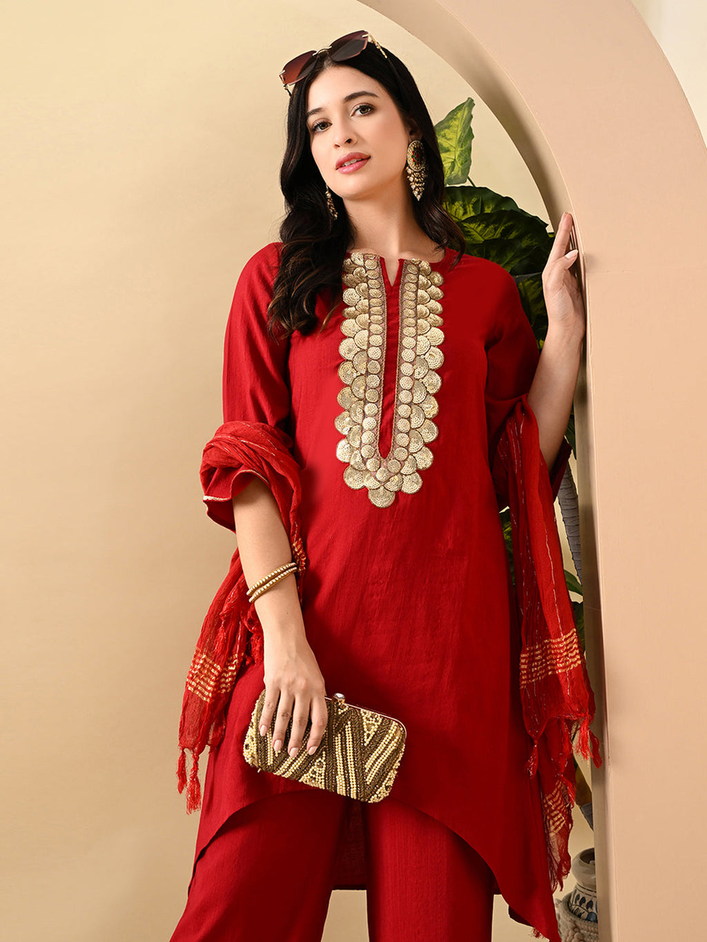 Myshka Women's Embroidered Keyhole Neck Bell Sleeves Kurta & Palazzos Set With Dupattas In Red Colour