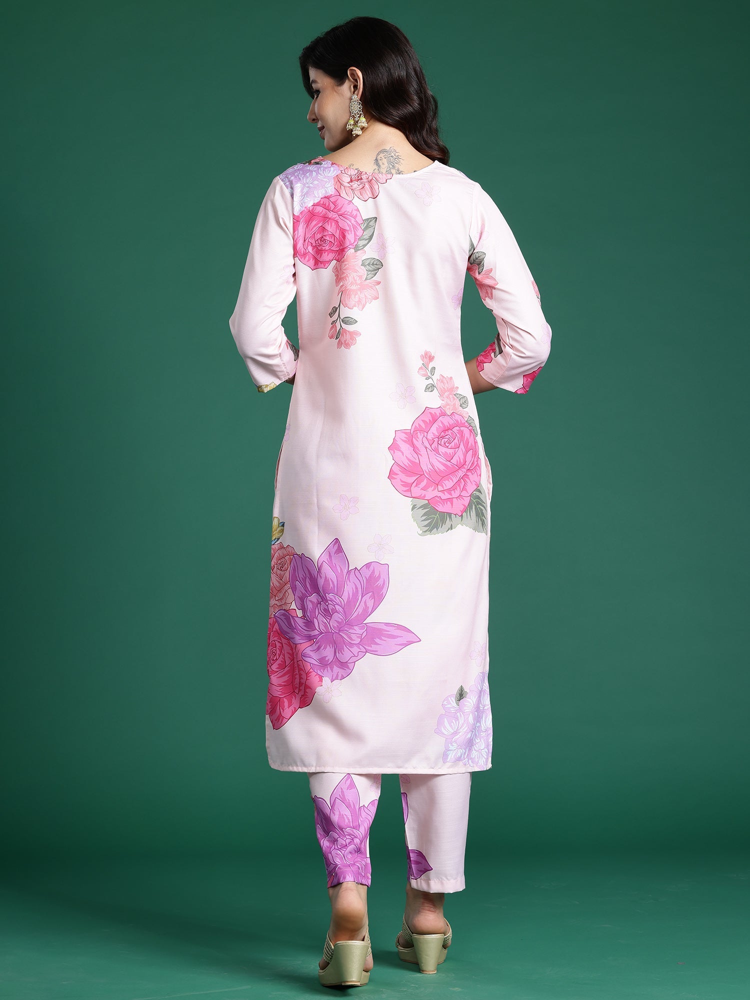 Indo Era Peach Printed Straight Kurta Trousers Set