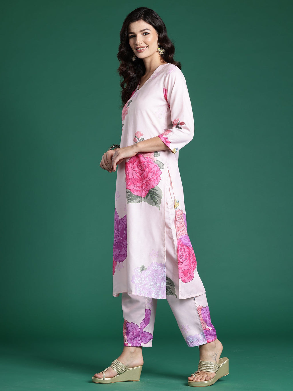 Indo Era Peach Printed Straight Kurta Trousers Set