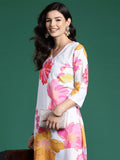 Indo Era White Printed Straight Kurta Trousers Set