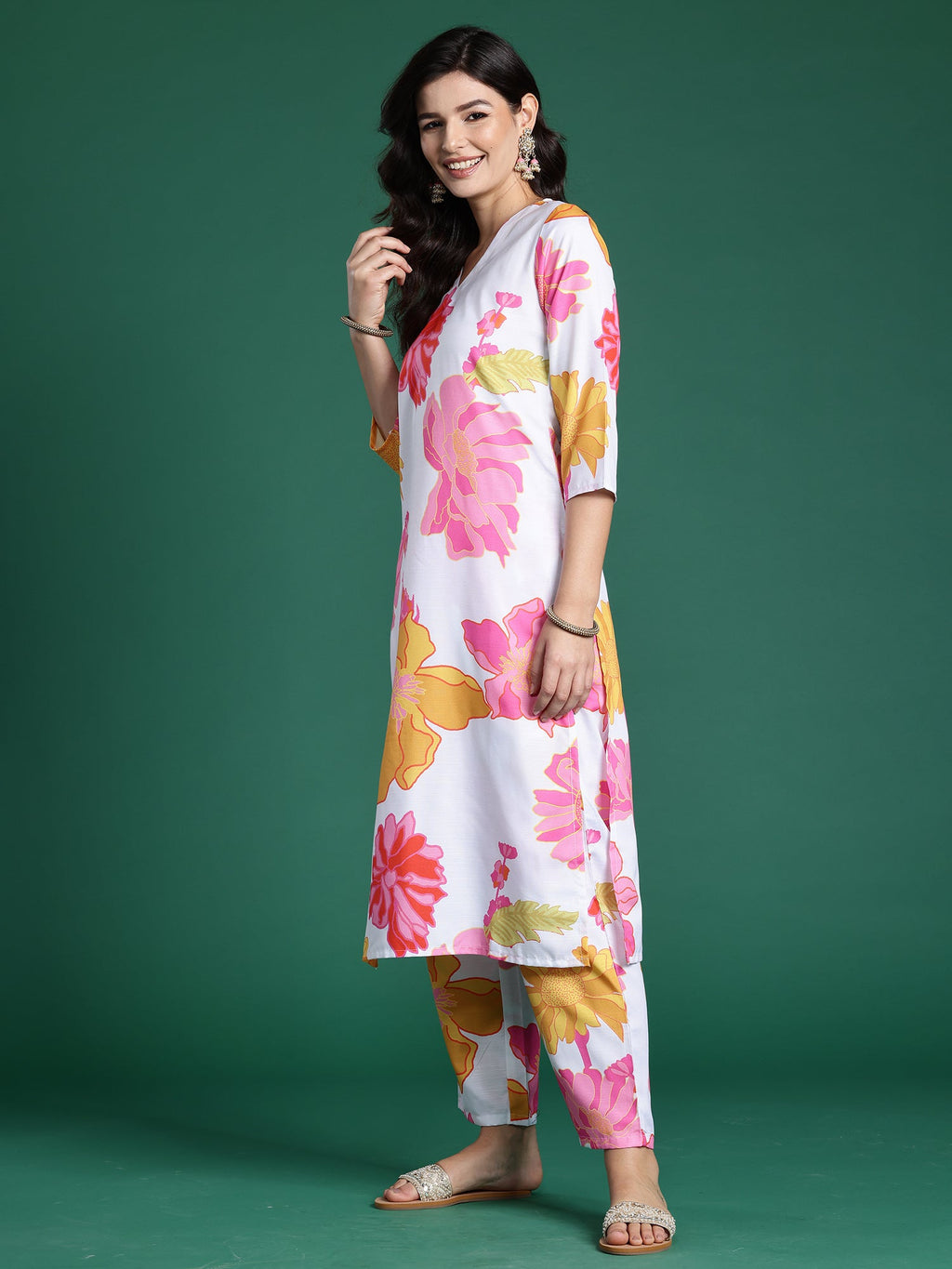 Indo Era White Printed Straight Kurta Trousers Set