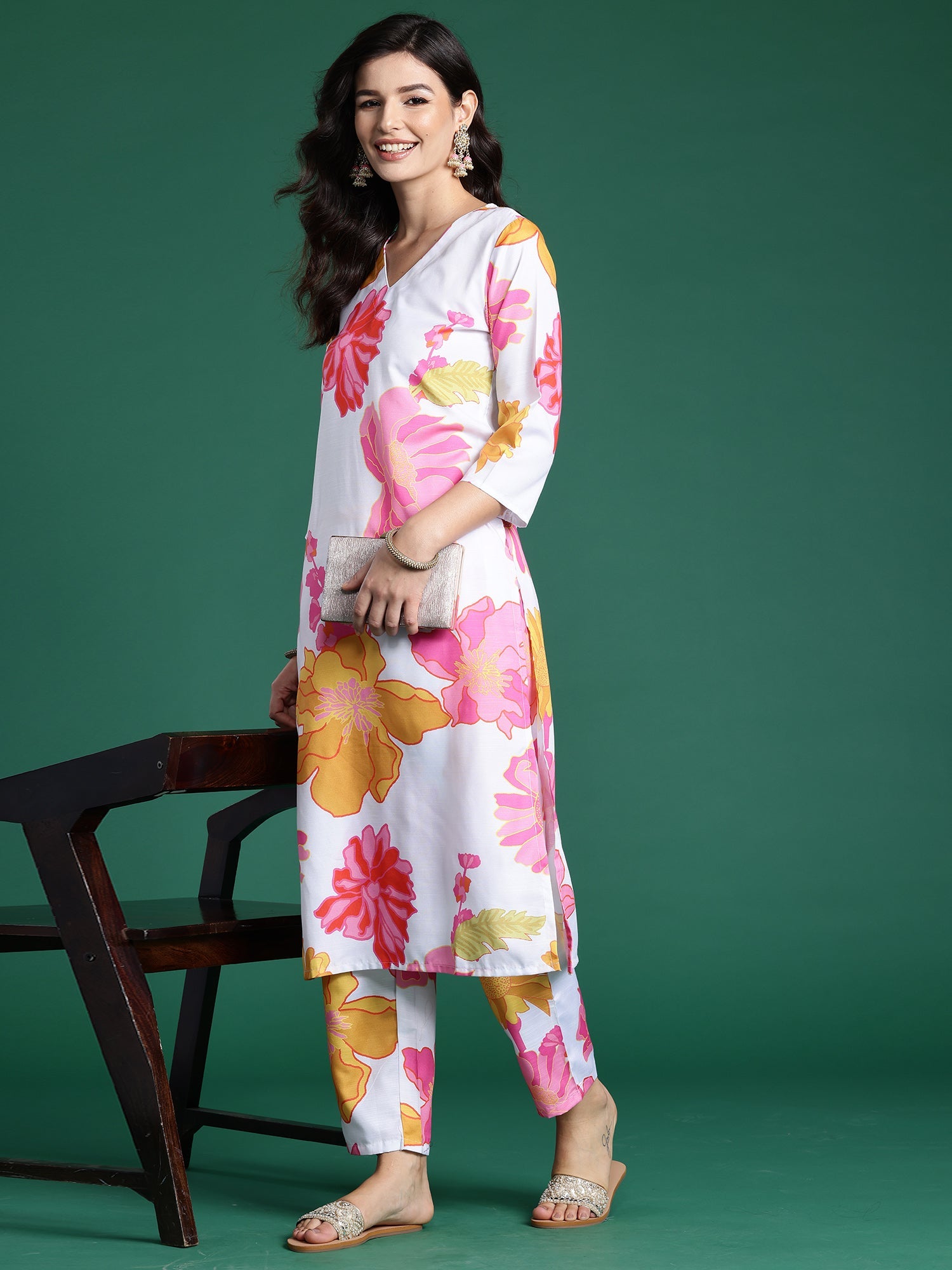 Indo Era White Printed Straight Kurta Trousers Set