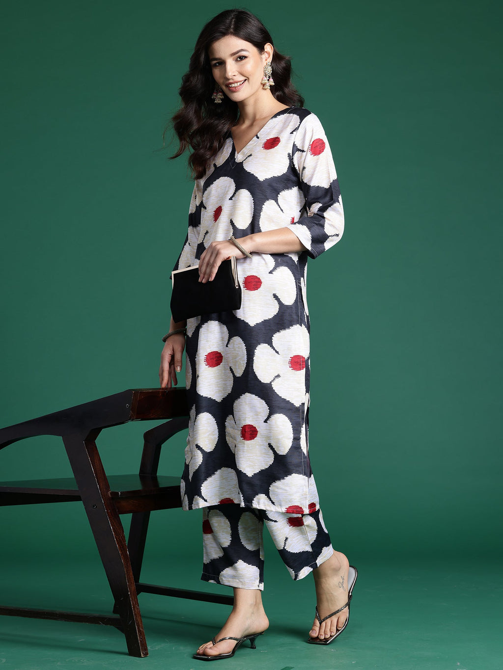 Indo Era Black Printed Straight Kurta Trousers Set