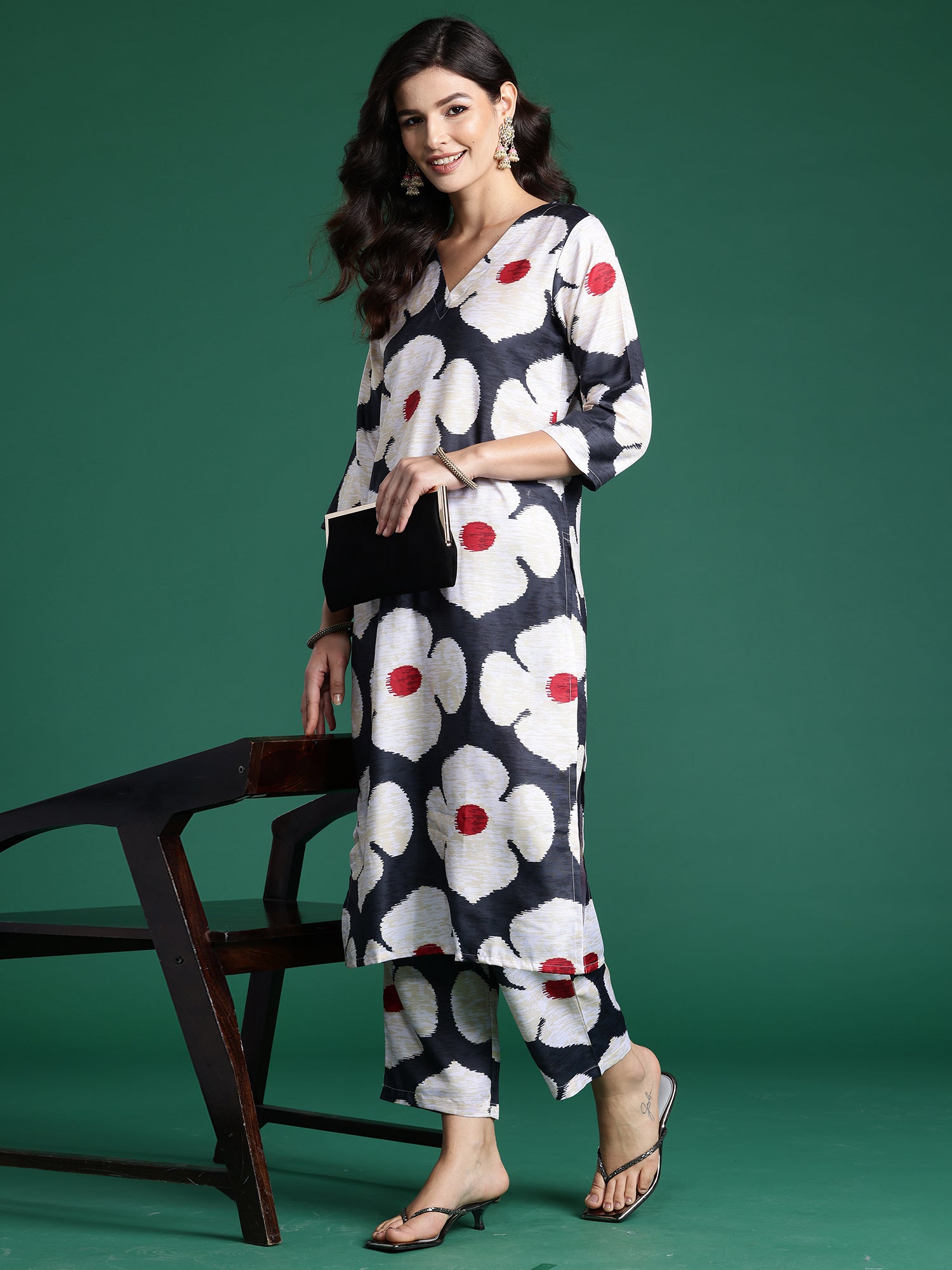 Indo Era Black Printed Straight Kurta Trousers Set