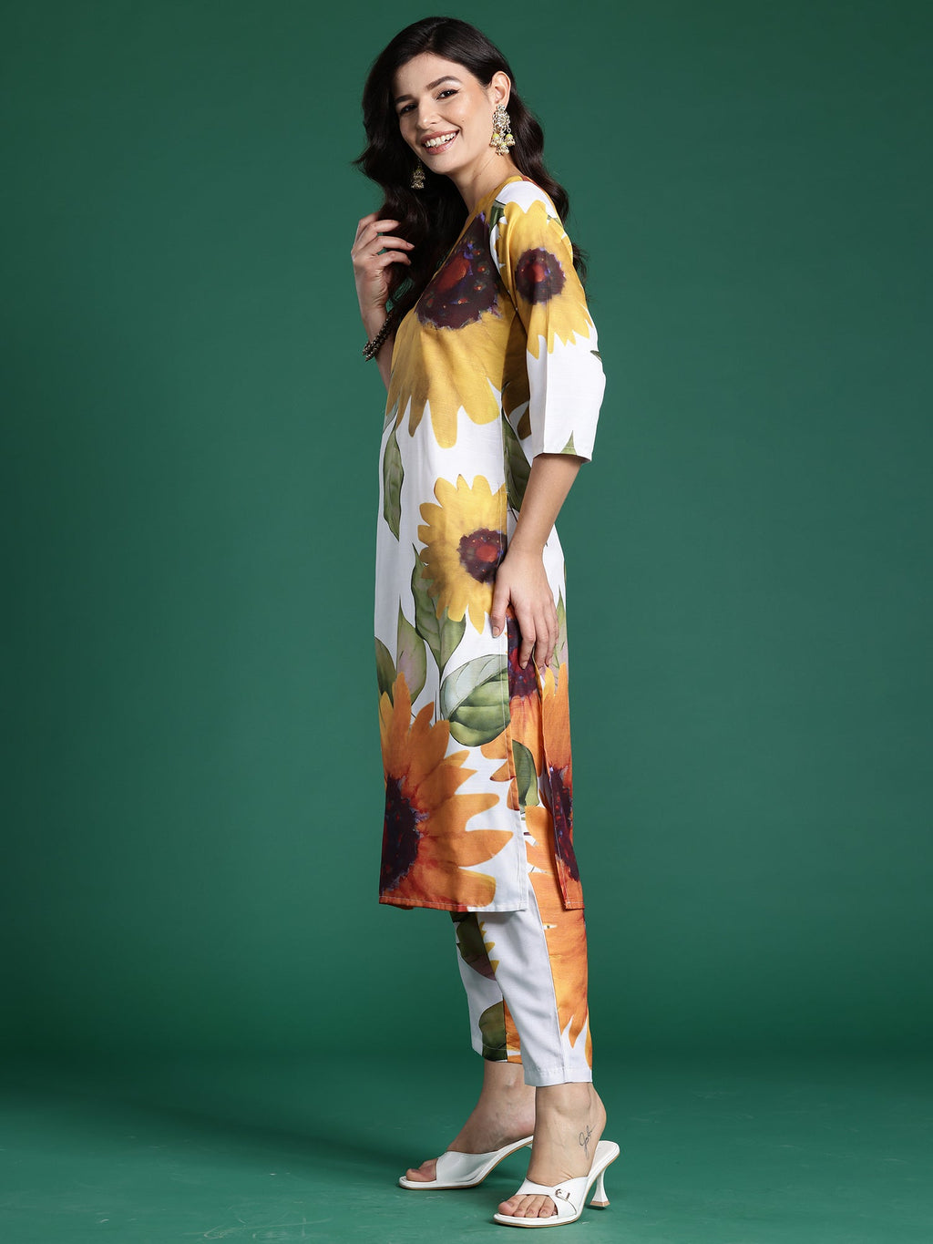 Indo Era Off White Printed Straight Kurta Trousers Set