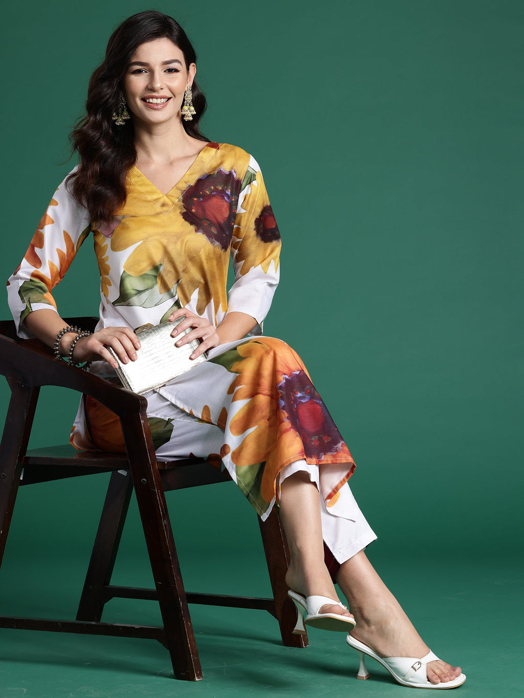 Indo Era Off White Printed Straight Kurta Trousers Set