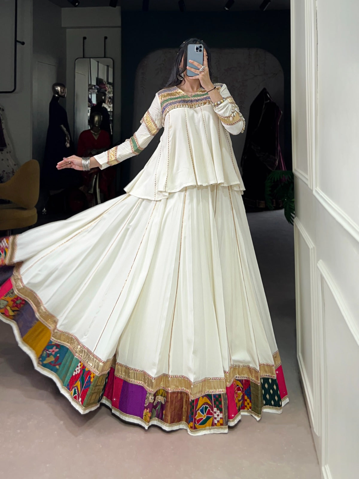 Lorenvalley Fashion White Pure Rayon Multi Patch Work With Gota Patti Lace Touch Up Lehenga Choli