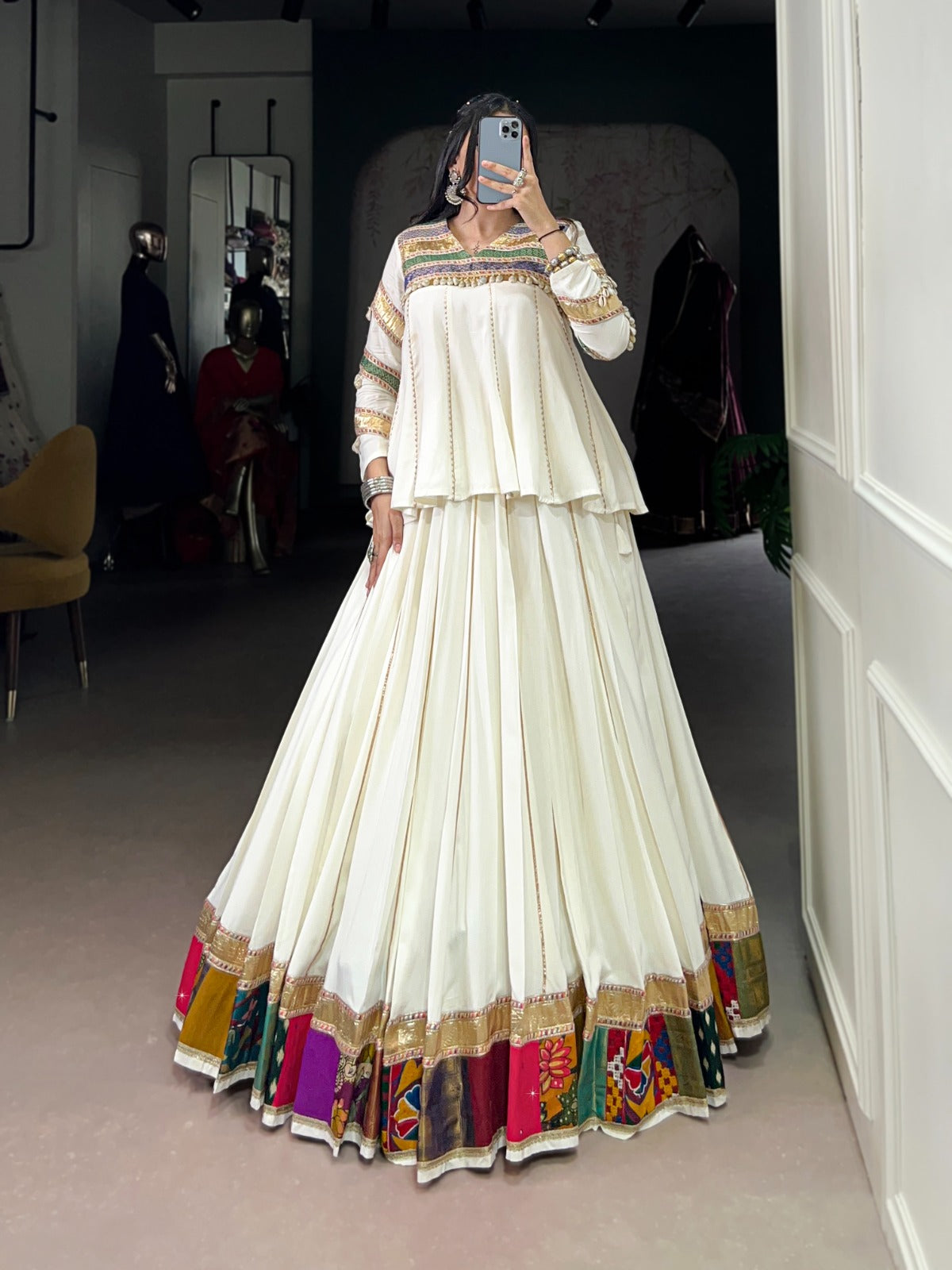 Lorenvalley Fashion White Pure Rayon Multi Patch Work With Gota Patti Lace Touch Up Lehenga Choli