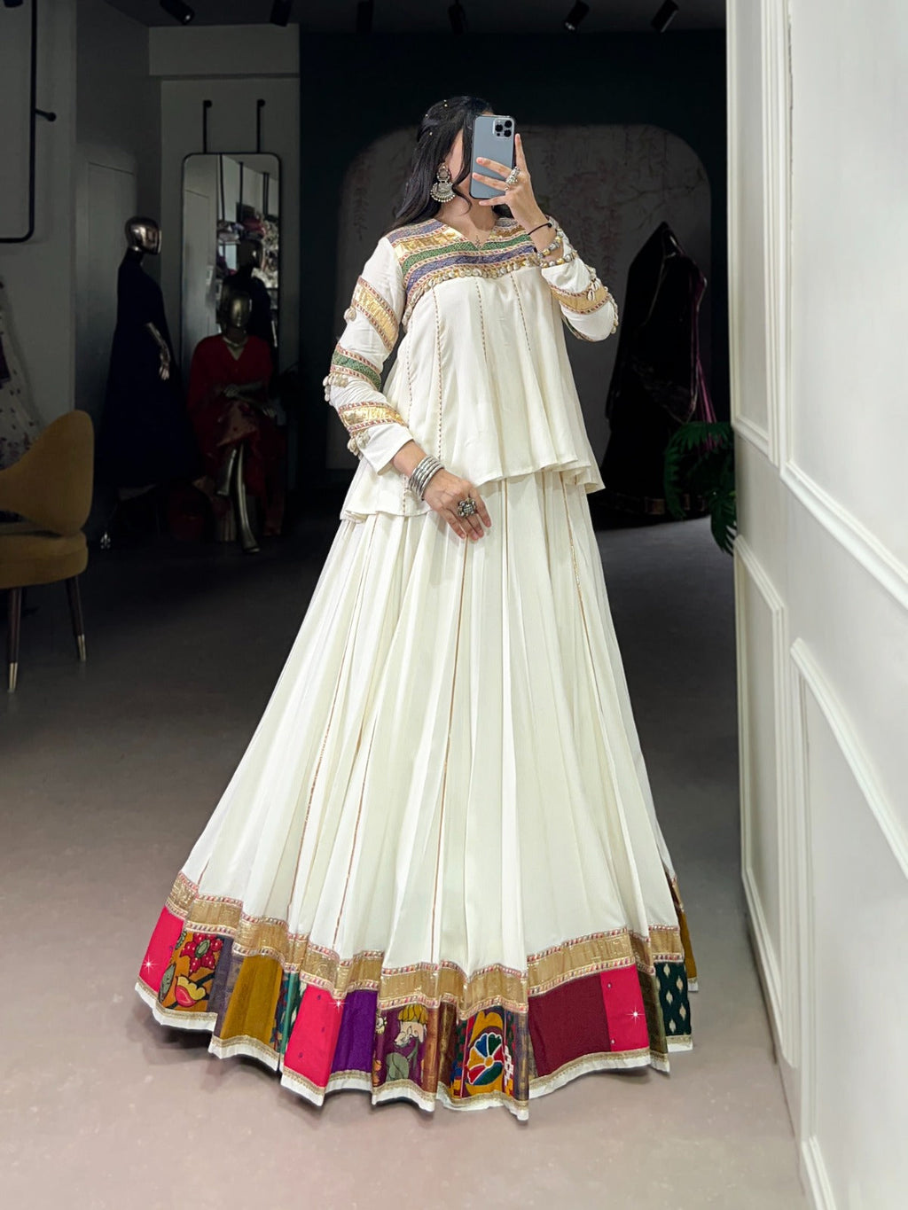 Lorenvalley Fashion White Pure Rayon Multi Patch Work With Gota Patti Lace Touch Up Lehenga Choli