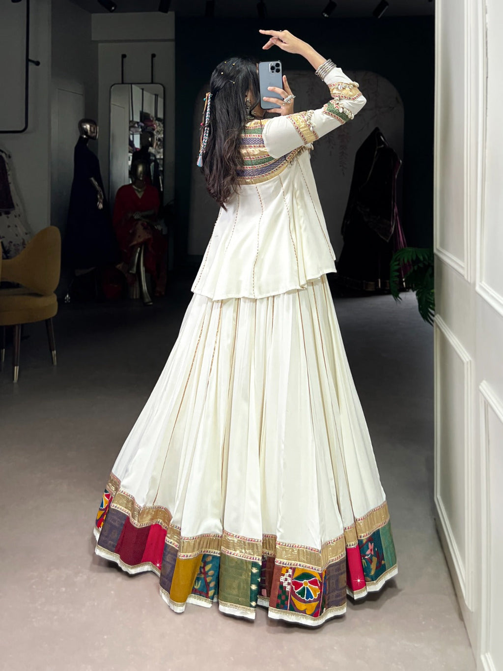 Lorenvalley Fashion White Pure Rayon Multi Patch Work With Gota Patti Lace Touch Up Lehenga Choli