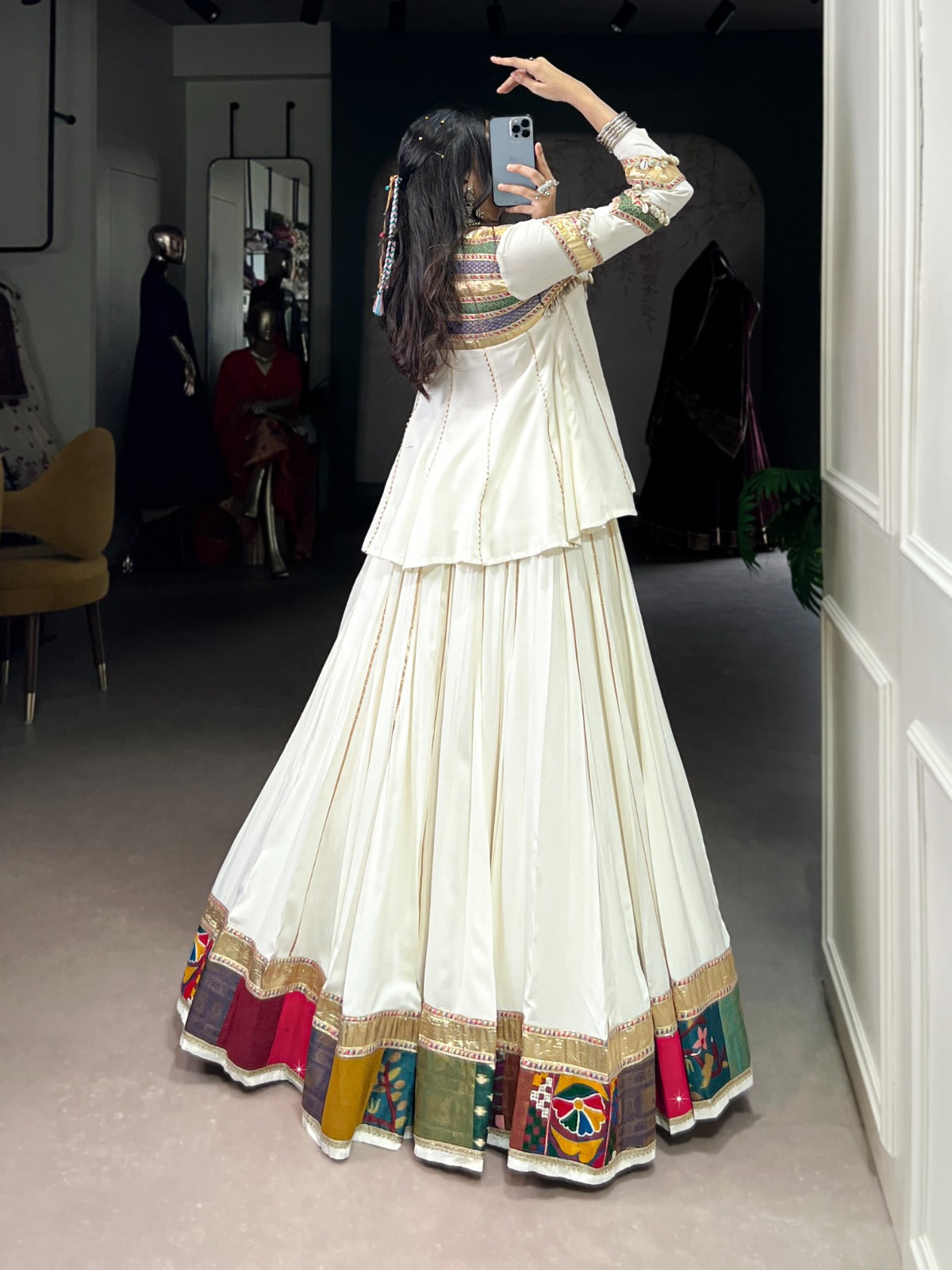 Lorenvalley Fashion White Pure Rayon Multi Patch Work With Gota Patti Lace Touch Up Lehenga Choli